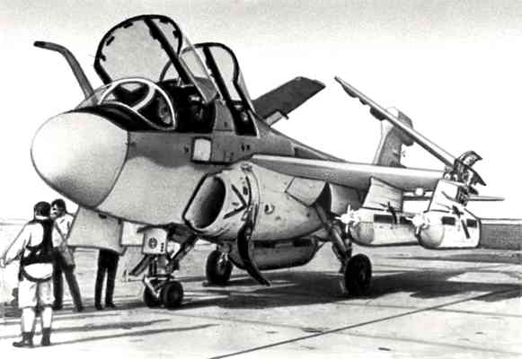 Палубный постановщик помех Грумман EA-6B ВВС США с подвешенными в контейнерах средствами радиоэлектронного подавления.